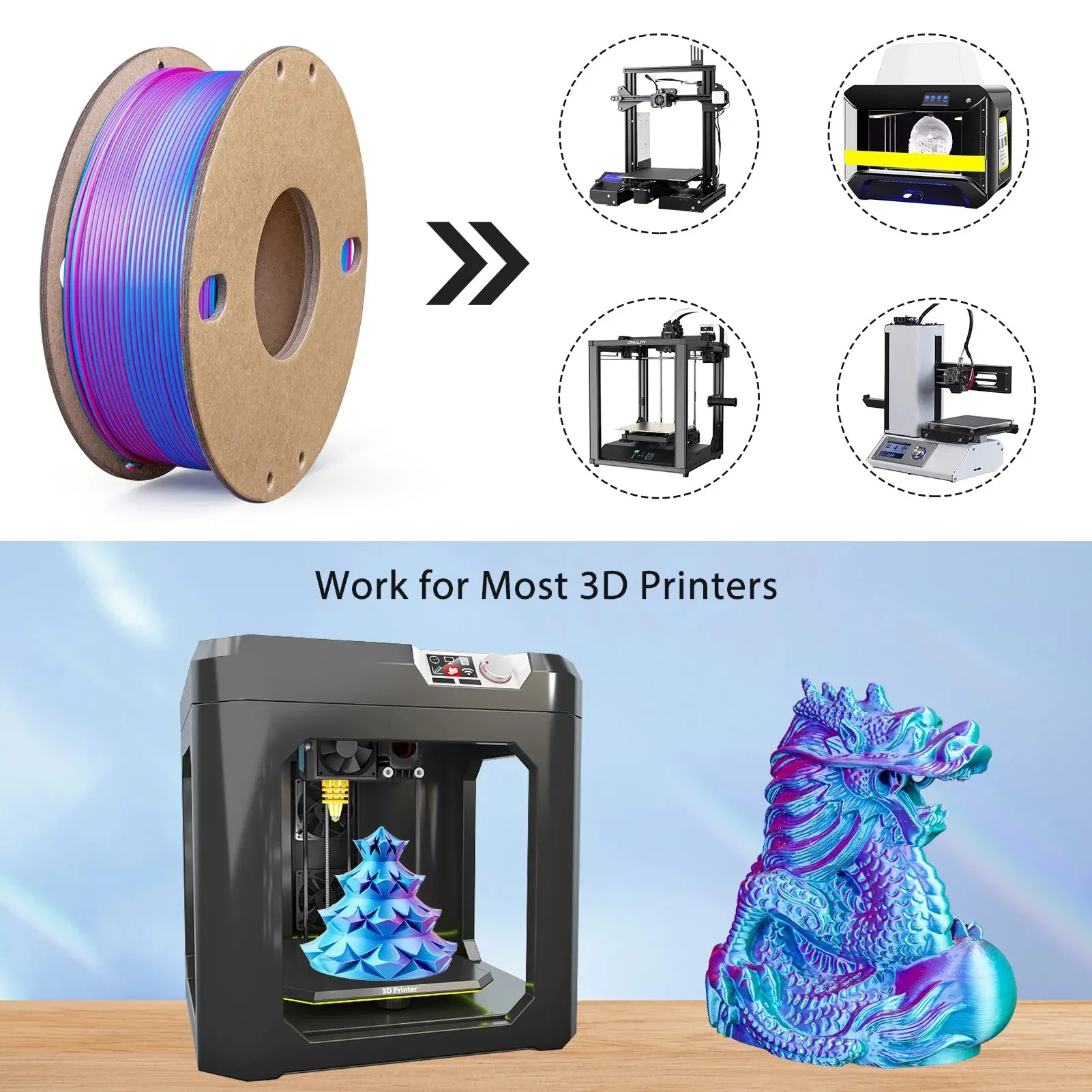 Zijde PLA 3D-printerfilament 1,75 mm Drievoudige kleuren Zijde PLA-filament 3D-printfilament 250 g 3 in1 Kleur Roze Rood Hemelsblauw Groen
