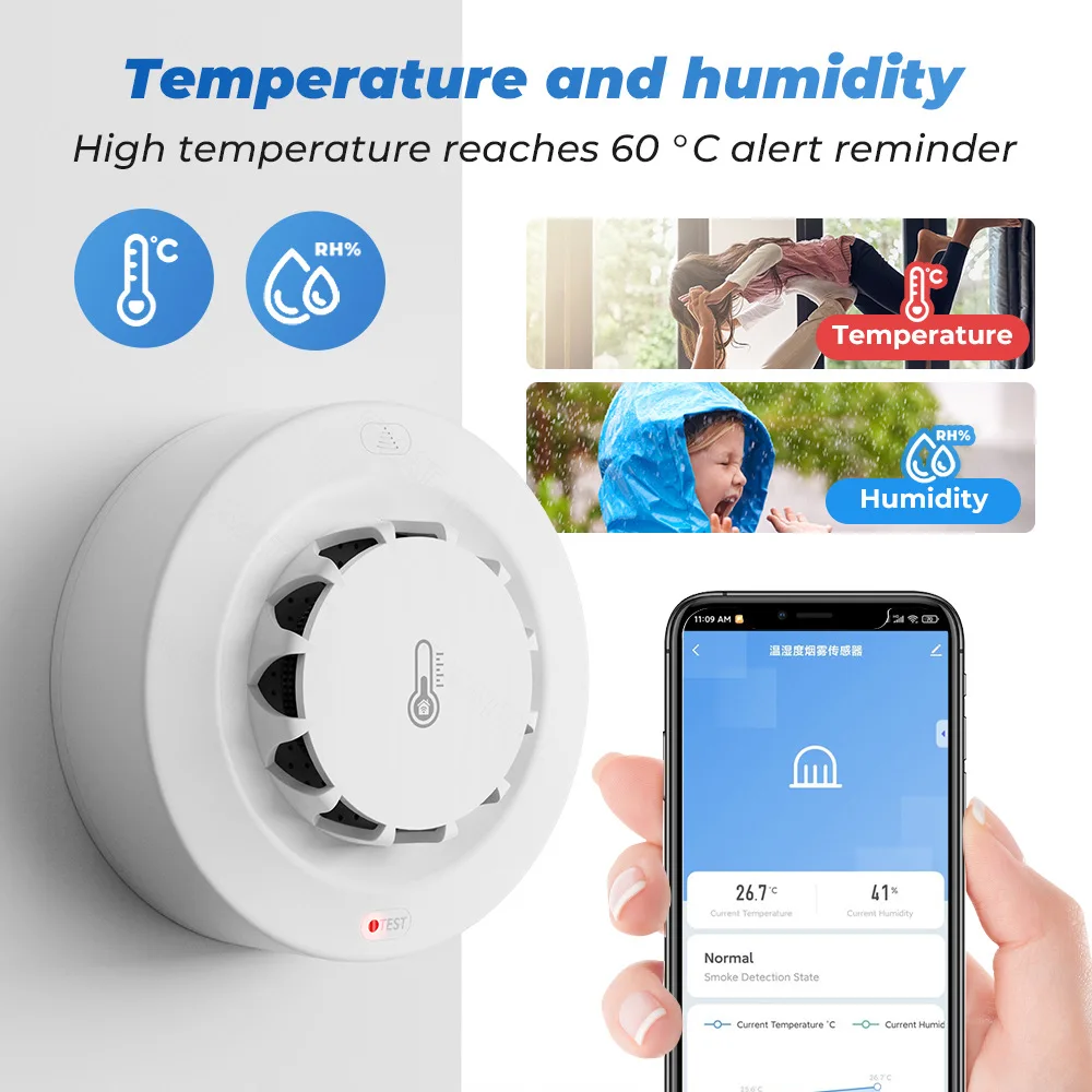 Tuya WiFi of Zigbee Rookmelder met temperatuur-vochtigheidsdetectie 3-in-1 Ondersteuning 80dB Geluidsalarm Afstandsbediening Push Alert-functie