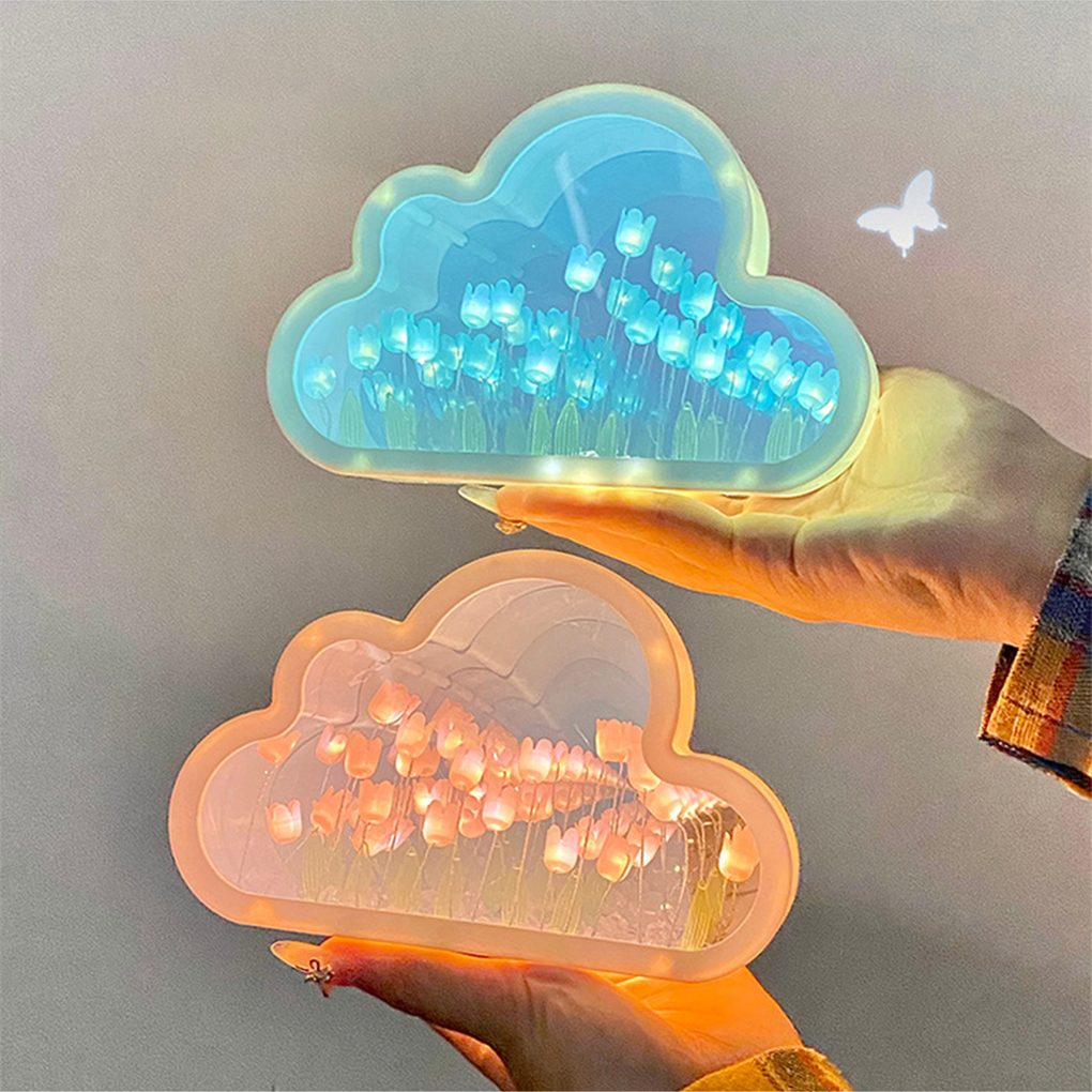 Cloud TULIP Night Light ทําด้วยมือ DIY วัสดุดอกไม้ตกแต่งบ้านกระจกสร้างสรรค์บรรยากาศโคมไฟของขวัญวันเกิดวันวาเลนไทน์