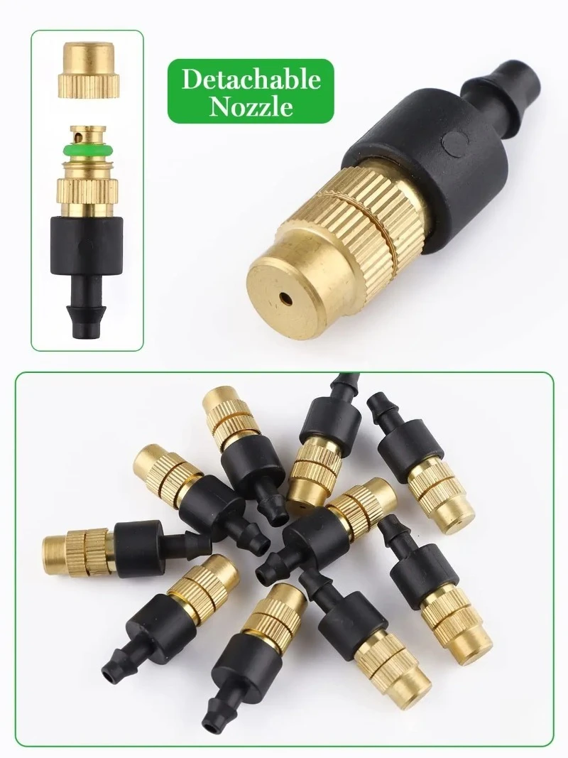 10 pz 4/7PVC Sistema di raffreddamento a nebulizzazione esterna Irrigazione del giardino Irrigazione 1/4 '' Atomizzatore in ottone Micro irrigatori da giardino regolabili