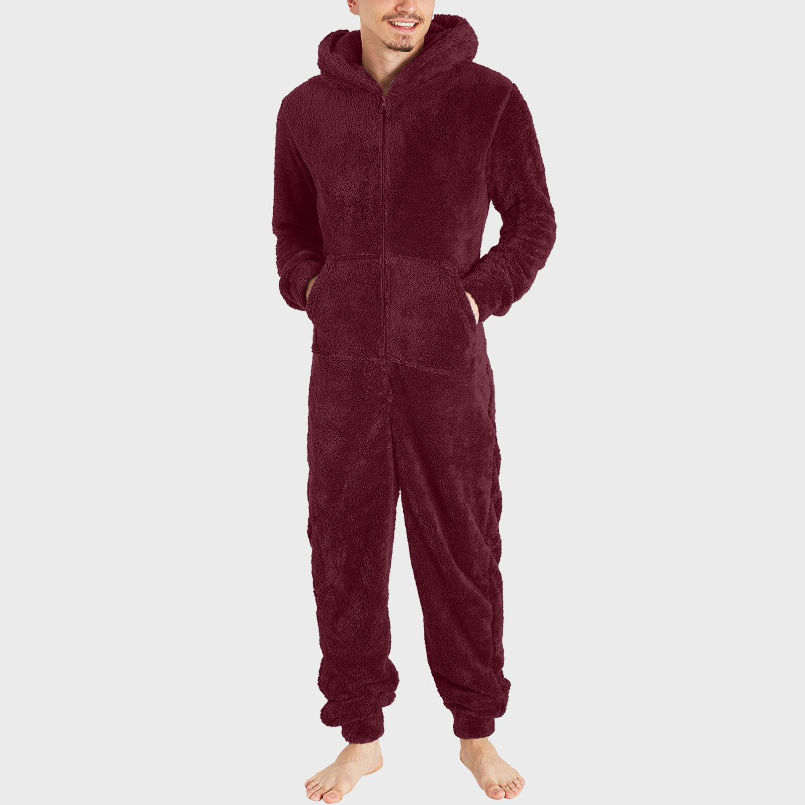 Homens pijamas de lã artificial cor sólida zíper solto com capuz macacão inverno quente rompe uma peça velo roupas de dormir de pelúcia