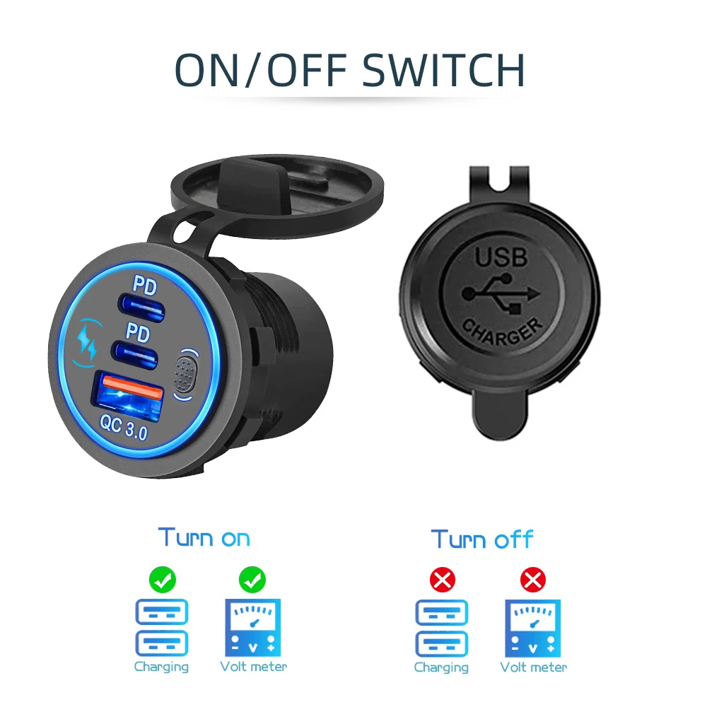 Enchufe de cargador de coche PD3.0 y QC3.0, puertos dobles USB C impermeables con Interruptor táctil LED, carga rápida de 78W, 12V/24V para adaptador de Moto