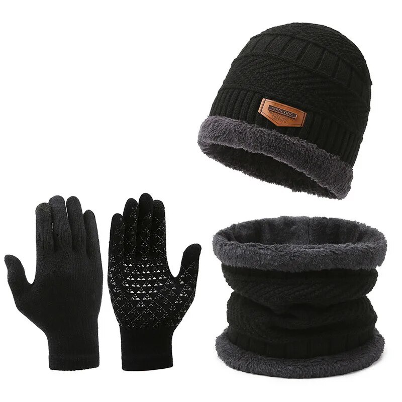 Gorro a prueba de viento para hombre, para viajes al aire libre, ocio, bufanda de invierno, guantes, cuello de tres piezas, gorro de punto cálido de Cachemira para invierno