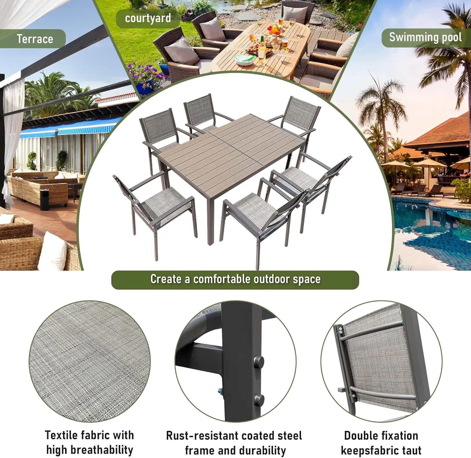 7 Piece Patio Dining Set Outdoor Furniture Set with Weather Resistant Table and 6 Stackable Textilene Chairs for Garden,