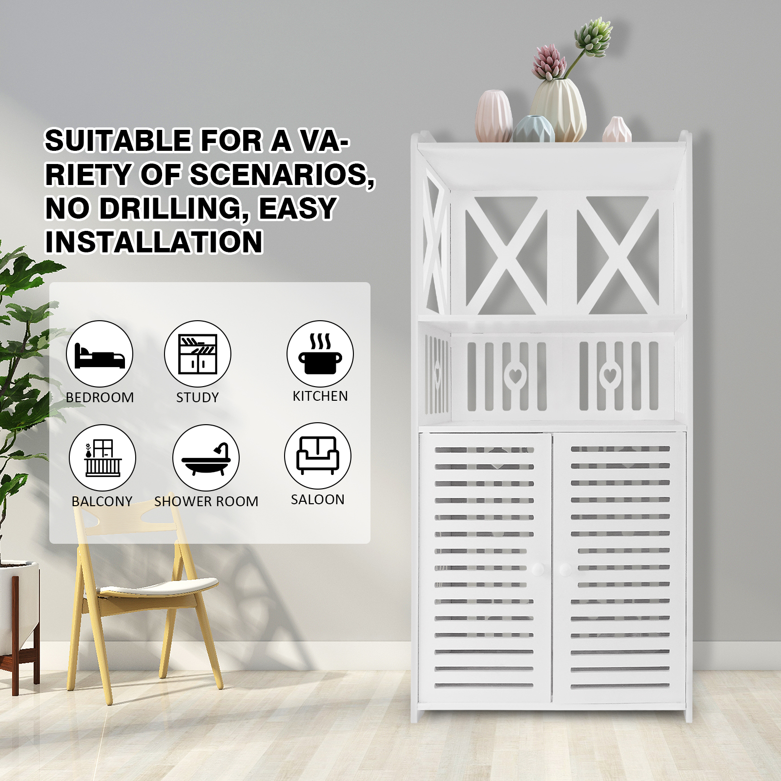 Bathroom Floor Cabinet,Waterproof FreeStanding Bathroom Storage Unit with Daily Use Layer and Cupboard Double Door,3 Tier PVC