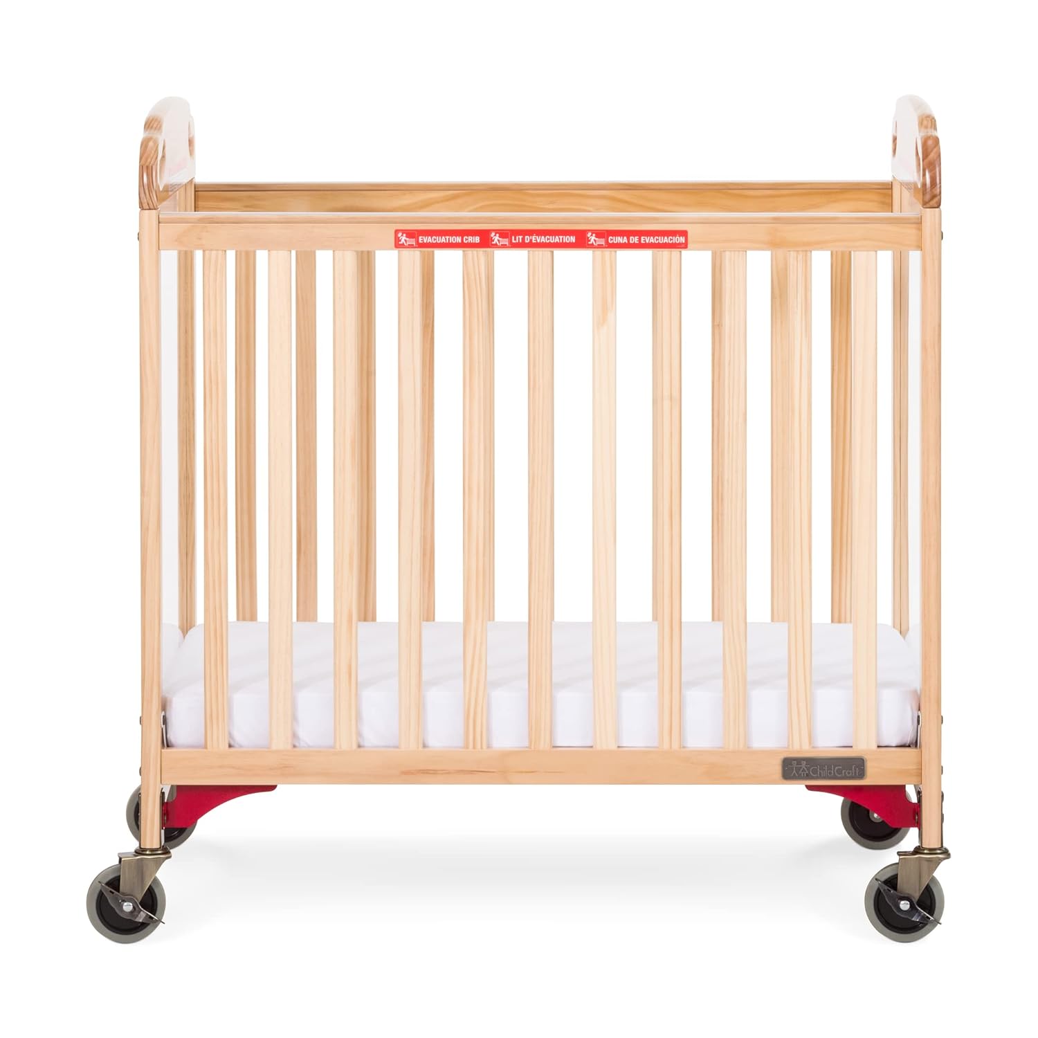 Safe Haven Daycare Evacuation Wooden Compact Portable Crib with 4" Casters, Features Clearview End Panels, Durable Wood