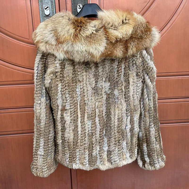 Manteau tricoté en vraie fourrure de lapin pour femme, avec col en vraie fourrure de renard, manches longues, luxe, veste en fourrure de lapin véritable, nouvelle collection automne 2023