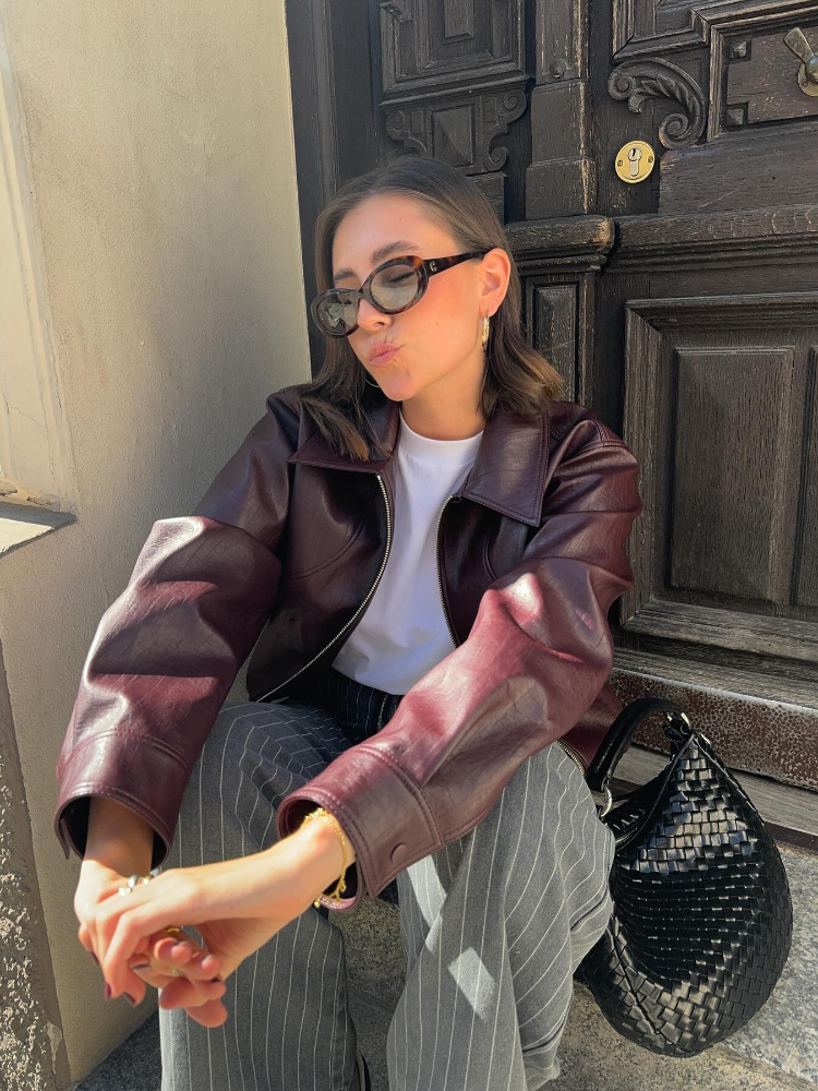 女性用単色PUレザージャケット,長袖,ジッパー付きショートコート,ストリートファッション,秋,2024