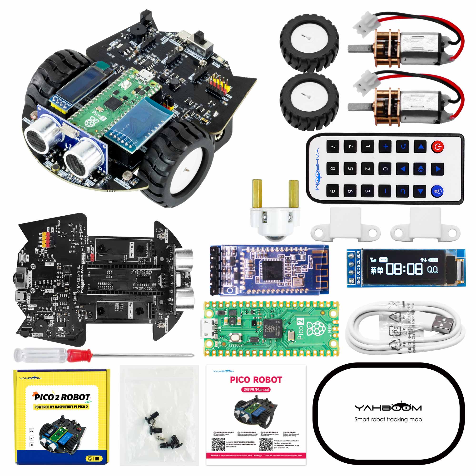 Yahboom raspberry pi pico2 robô carro diy kit eletrônico codificação robô kit suporte micropython programação app controle infravermelho