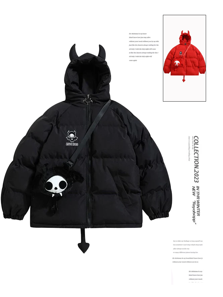 ผู้หญิง Black Gothic Thicken Parkas แจ็คเก็ต Hip Hop Devil Horns ปีกคู่ Hooded เสื้อแจ็คเก็ต Streetwear Emo Coat ฤดูหนาวเสื้อผ้า