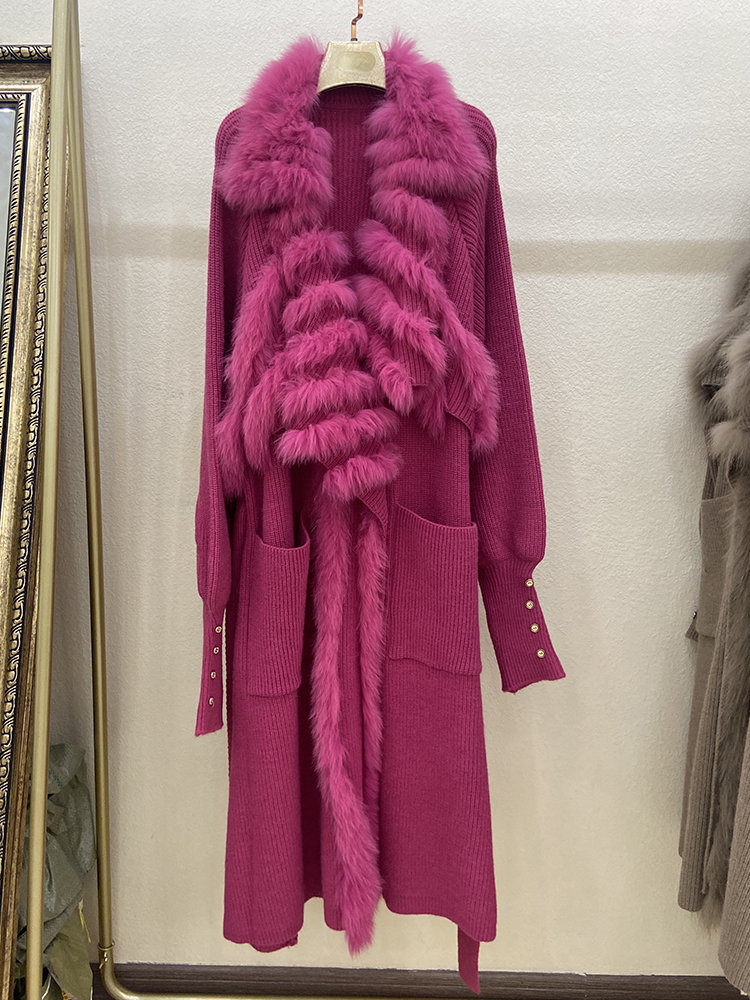 2022 Phụ Nữ Mùa Thu Thực Cáo Lông Đan OverSize Rời Áo Len Áo Khoác Cáo Cổ Lông Nữ Thời Trang Dài Áo Len Dài 110Cm
