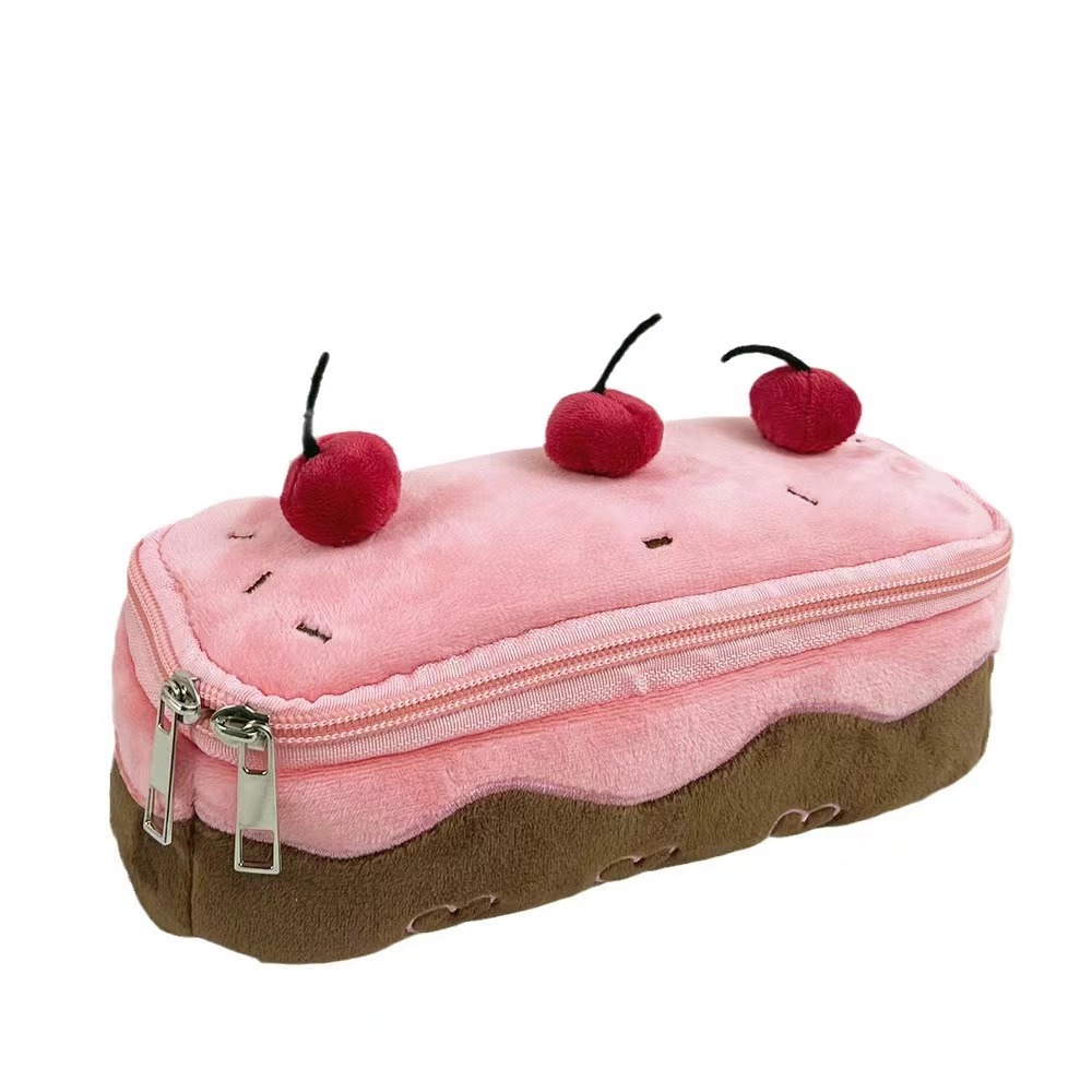 Cute plush cherry cake pencil case high value large capacity cosmetic bag student stationery bag storage bag