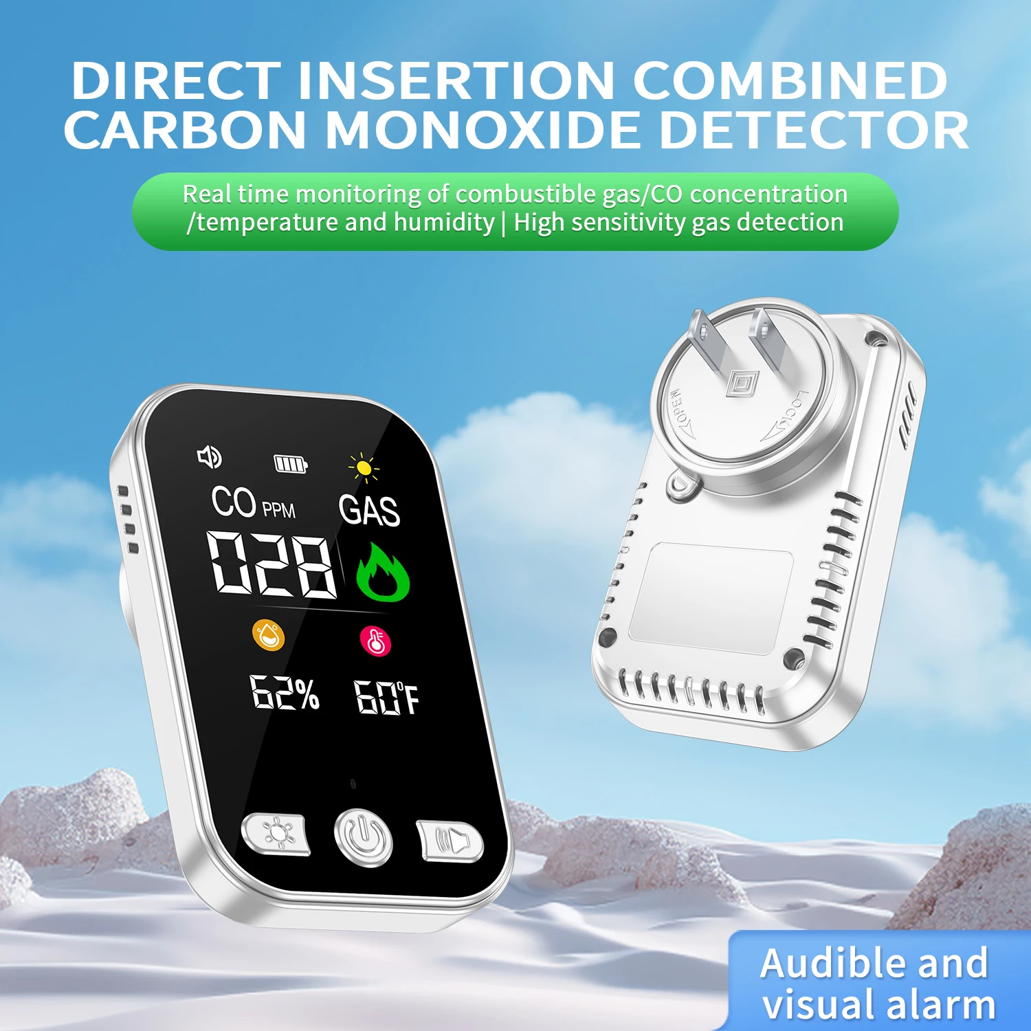 4 in 1 Carbon Monoxide Detectors Natural Gas Leak Detector Carbon Monoxide Detectors Plug-in Battery Backup HD Digital Display
