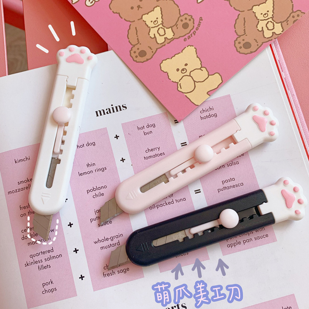 Mini cuchillo de bolsillo Kawaii con forma de Pata de Gato, caja Express, cúter de papel, envoltura artesanal, hoja recargable, papelería, 1 ud.