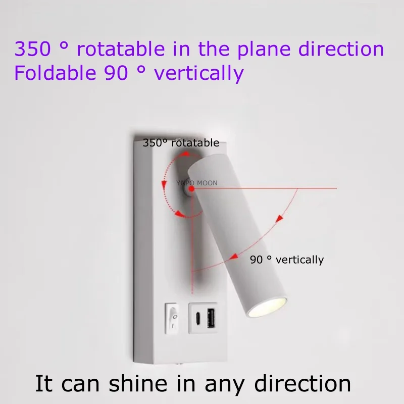 USB Charging Type-C Rotating Surface Mounted Reading Wall Light Lamp LED 5W Spot Downlight Ceiling Bedroom Hotel Study AC85-230V
