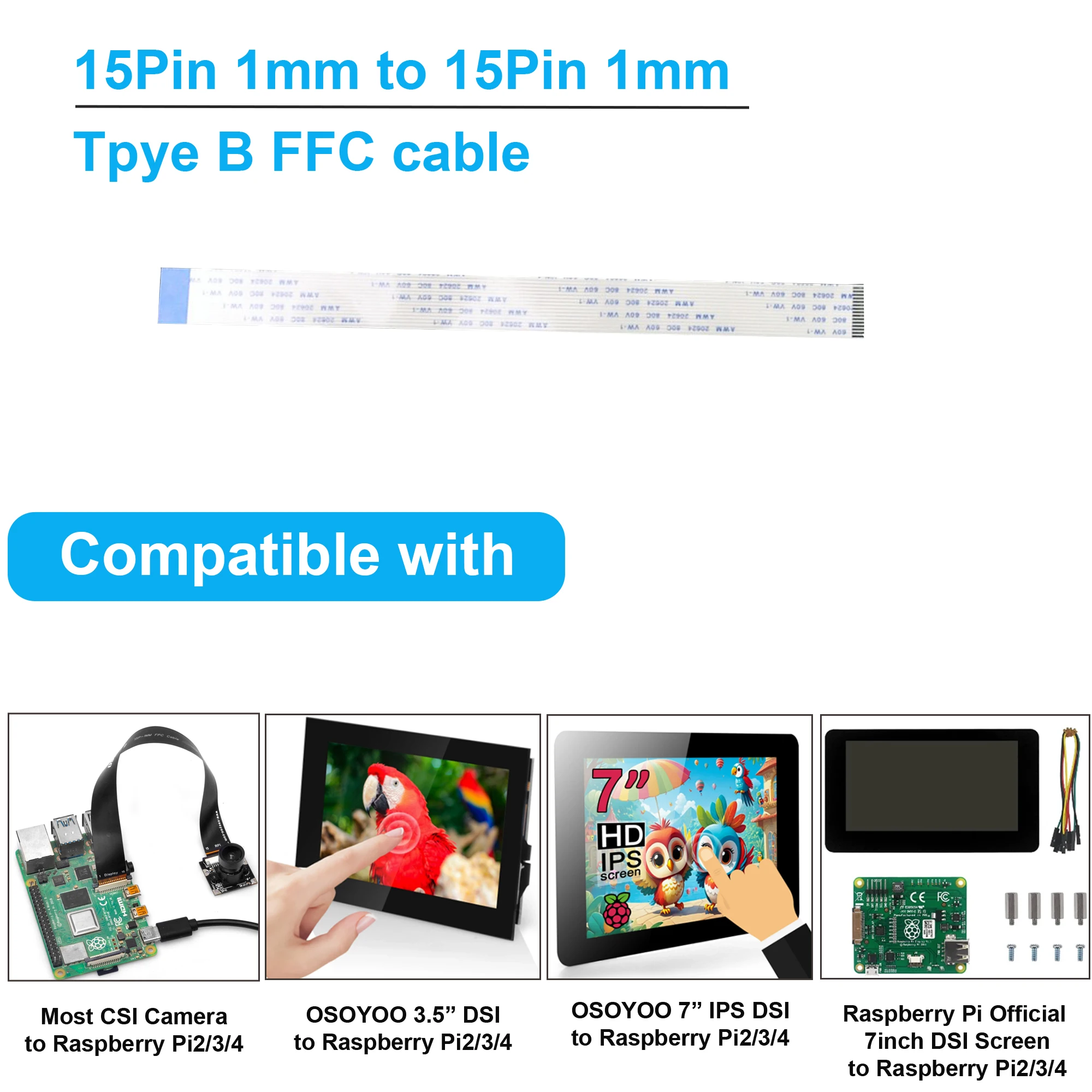 OSOYOO 10pcs Flexible Flat Ribbon CSI Cable 15Pin 1mm Pitch FFC FPC for Raspberry Pi Camera