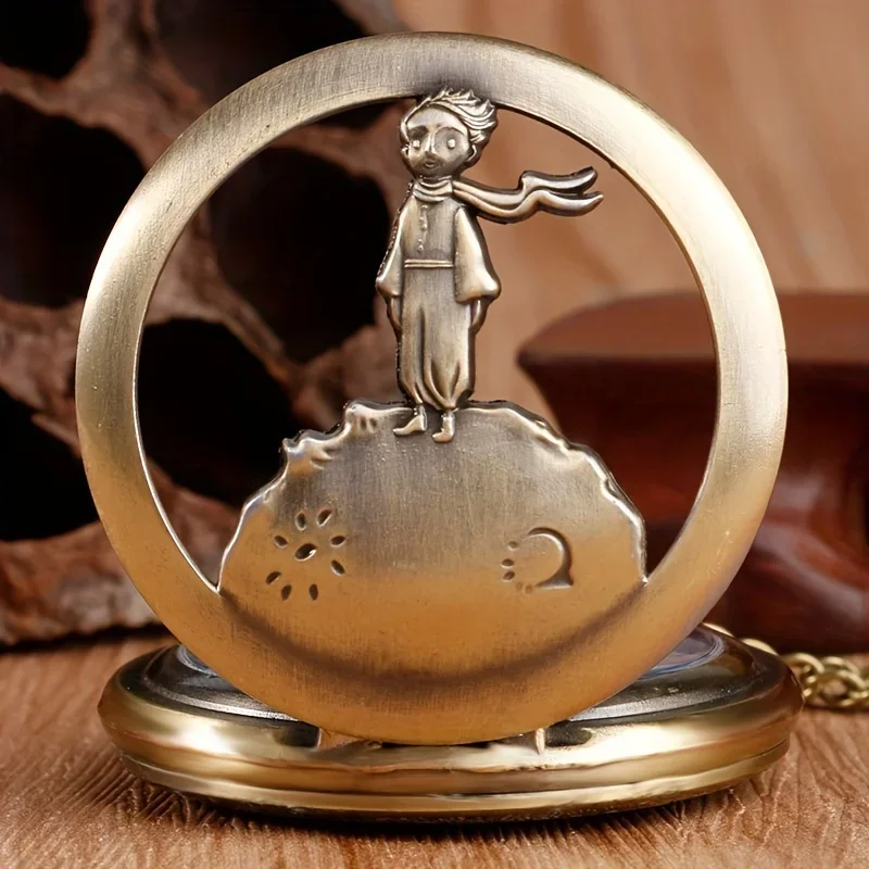 Relógio de bolso com pingente de colar do pequeno príncipe com design oco de bronze vintage