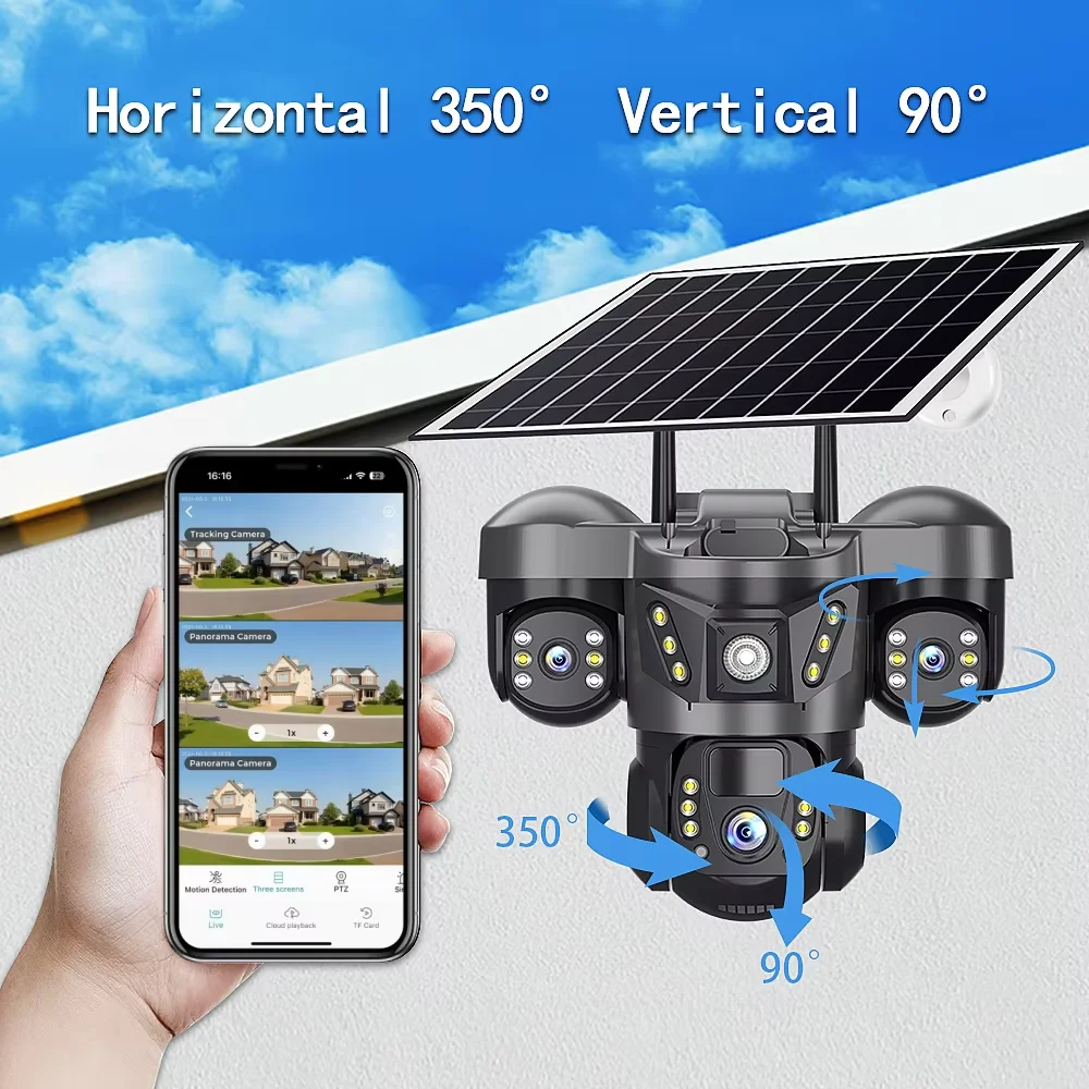 Telecamera solare esterna da 15MP 4G Tre lenti Tre schermi PIR Motion Detection Cam Visione notturna impermeabile Smart Security PTZ CCTV