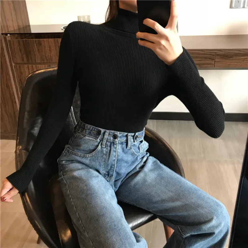 2024 Herfst Winter Dikke Trui Vrouwen Gebreide Geribbelde Trui Lange Mouw Coltrui Slanke Jumper Zachte Warme Pull Femme