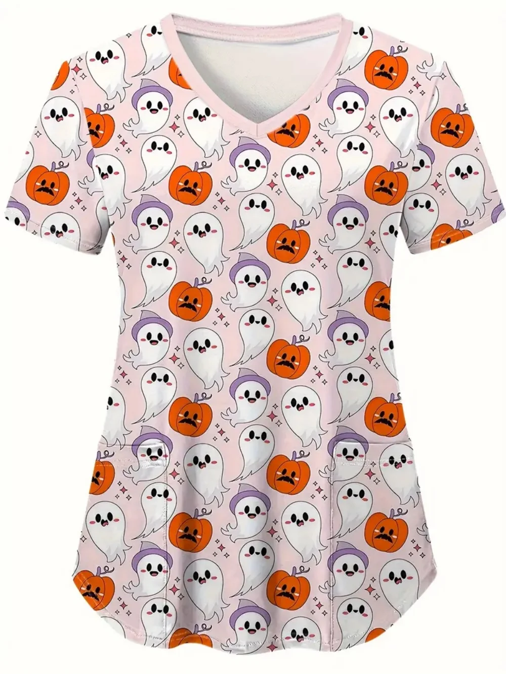 Halloween uniforme médico mulher abóbora fantasma impressão 3d verão casual com decote em v com bolsos enfermeira moda manga curta esfrega mulher