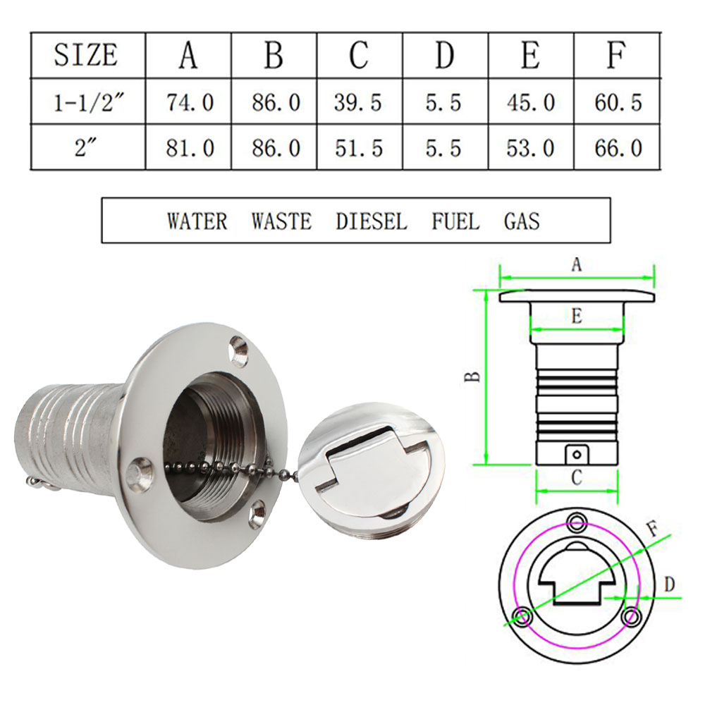 AD Neuer Edelstahl 316 Deckfüller GAS DIESEL KRAFTSTOFF ABWASSER 38 mm 50 mm hochglanzpoliert Marine Boot Hardware Deckfülldeckel