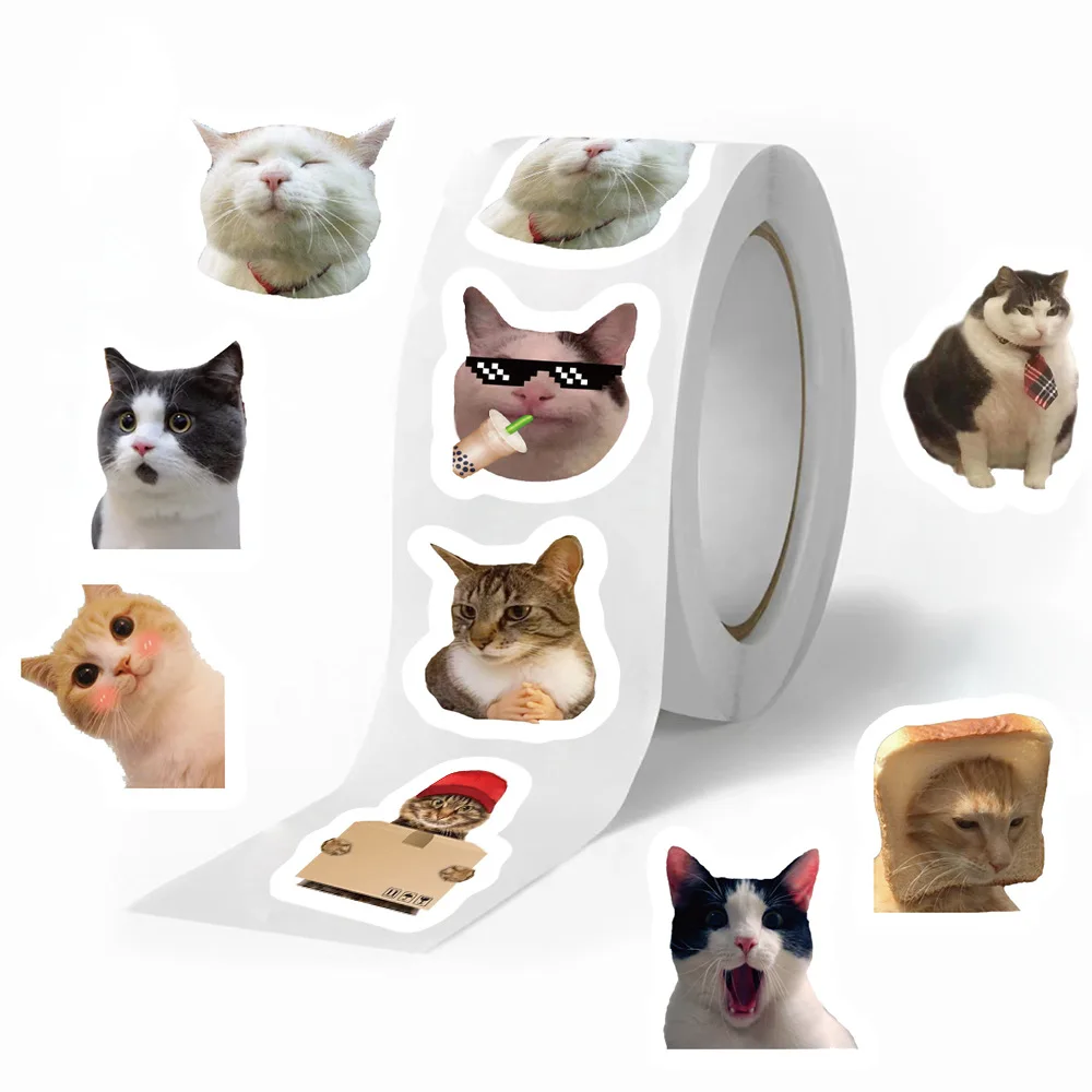 500 uds/rollo de pegatinas de gato Meme de dibujos animados para pegatinas de recompensa escolar decoración de aula pegatina de estímulo para estudiantes y profesores