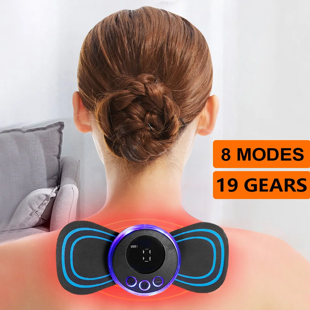 Mini masajeador de cuello EMS, parche de masaje Cervical de pulso eléctrico portátil, 8 modos, 19 niveles, Estimulador muscular, herramienta para aliviar el dolor
