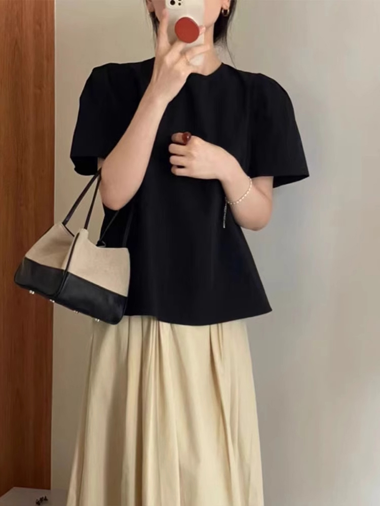 Csa E com Mangas em Bolha Pretas Design de Moda Fena Top Chic com Nó Estilo de Trabalho Csa de Manga Curta