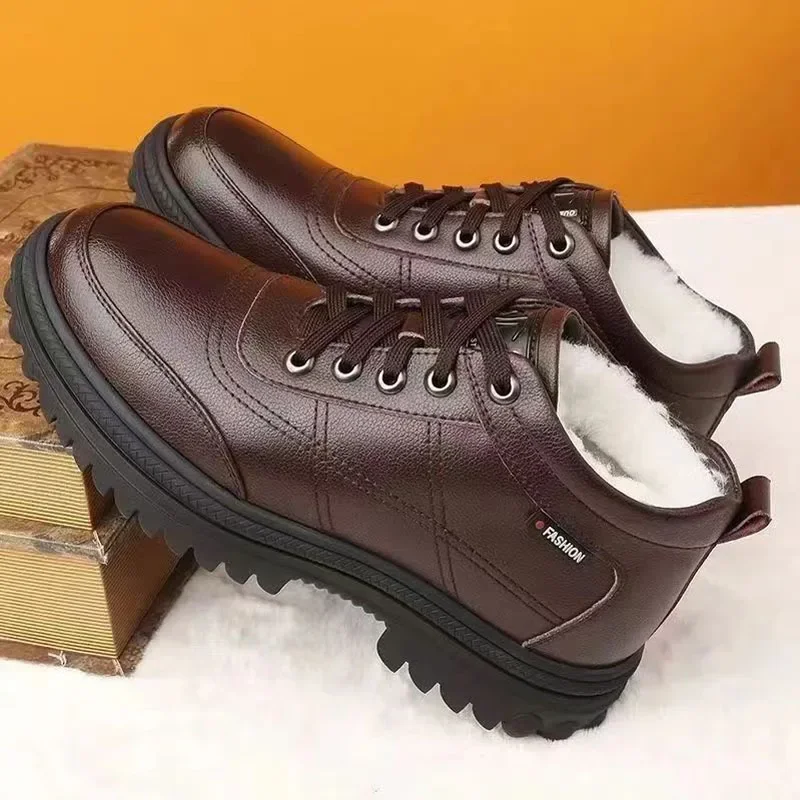 Inverno casual couro masculino sapatos de algodão cor sólida acolchoado engrossado sapatos de algodão quente pele moda sapatos à prova dwaterproof água