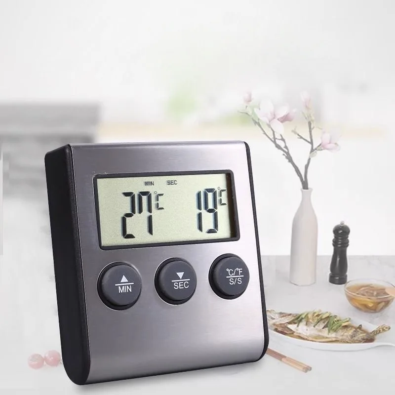 Digitales Küchenthermometer für Fleisch und Lebensmittel, Temperatur für Backofen, Grill, Timer-Funktion mit Sonde, Wärmemessgerät zum Kochen