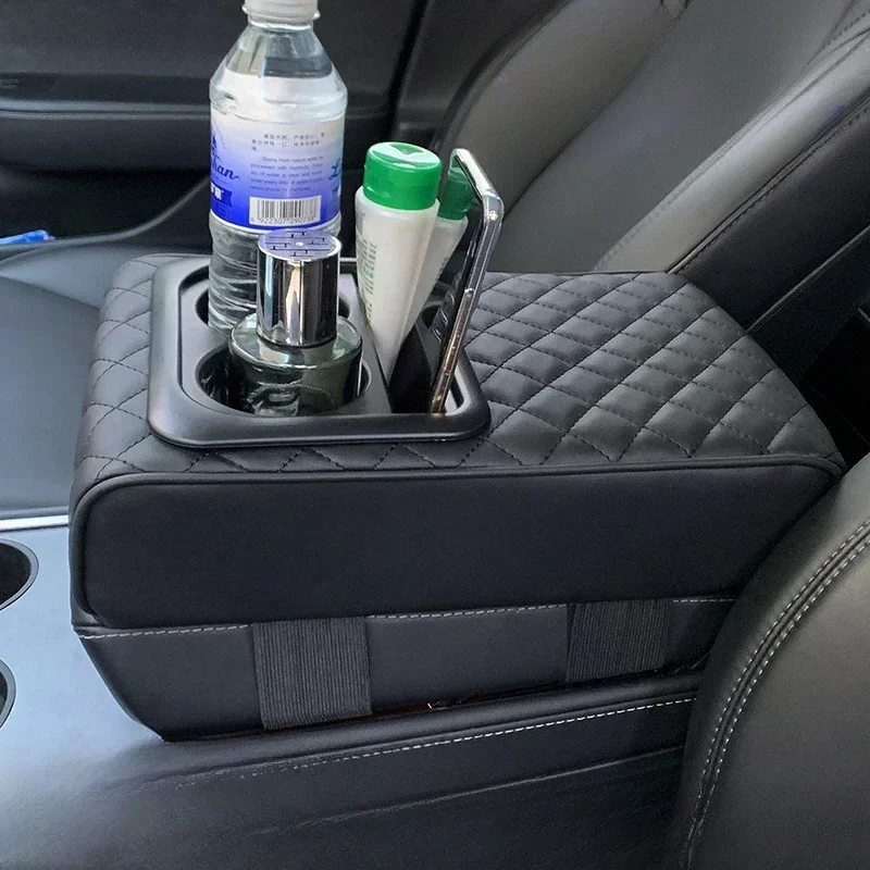 Almofada de apoio de braço do console central automático com 2 suporte de copo almofada de apoio de braço de couro do plutônio portátil carro ambrest travesseiro capa almofada de altura
