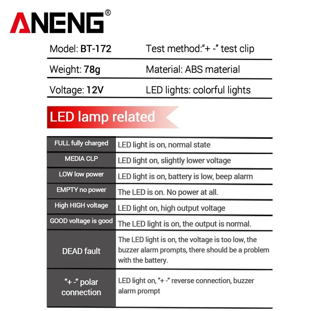 รถแบตเตอรี่เครื่องทดสอบโหลด ANENG BT-172 เครื่องวัดแรงดันไฟฟ้าดิจิตอลจอแสดงผลรถแบตเตอรี่ AMP Meter พร้อมคลิปจระเข้เครื่องมือ