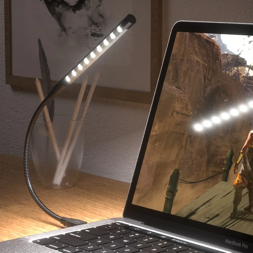 Luz LED de libro USB, Material metálico alimentado por USB, lámpara de noche Flexible de 10 LED para ordenador portátil, PC, Notebook, luces de lectura de libros