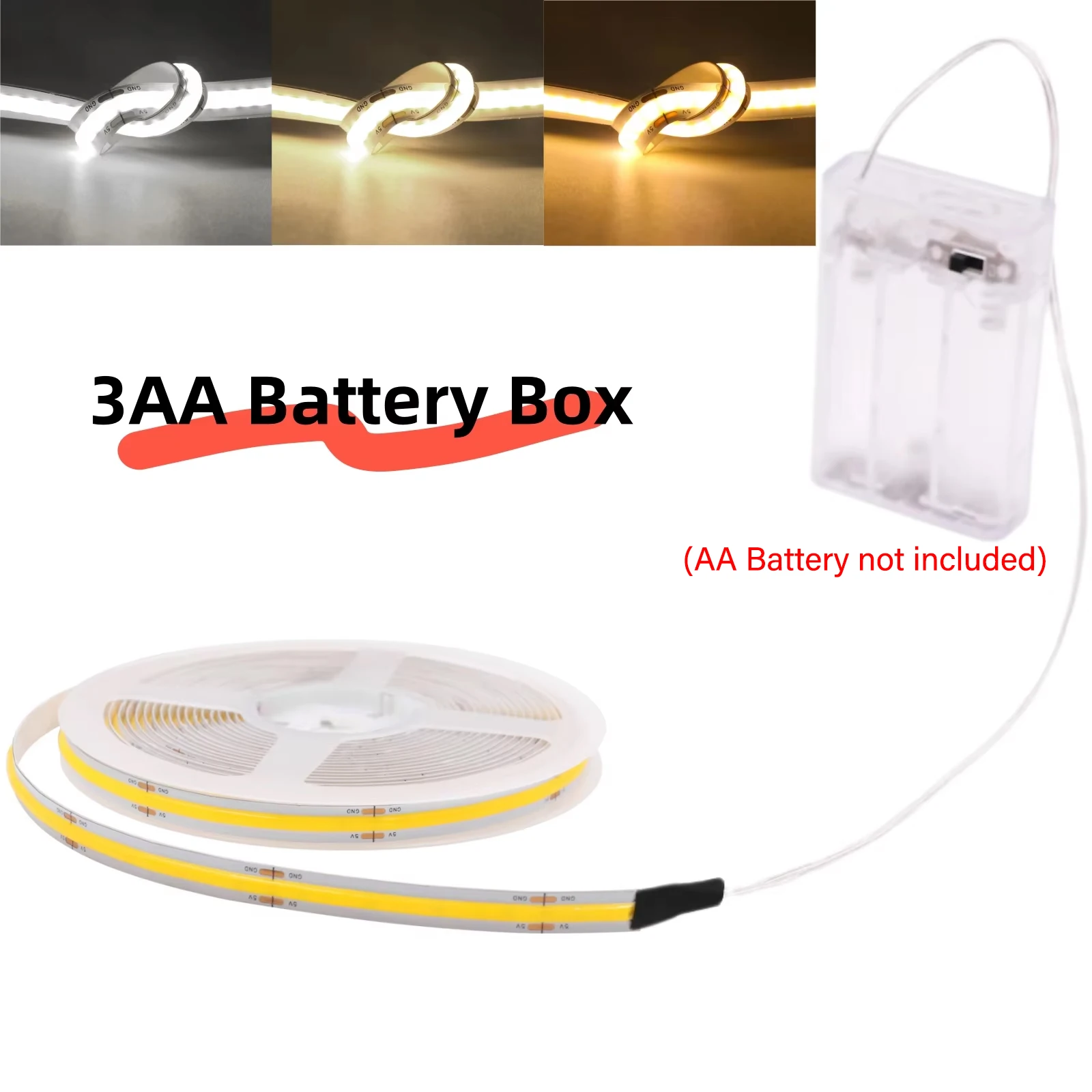 3AA バッテリーボックス 5V COB Led ストリップ 8 ミリメートル 320LEDs/M 暖かいナチュラルクールホワイト柔軟な COB ストリップライト寝室キャビネットテレビバックライト用