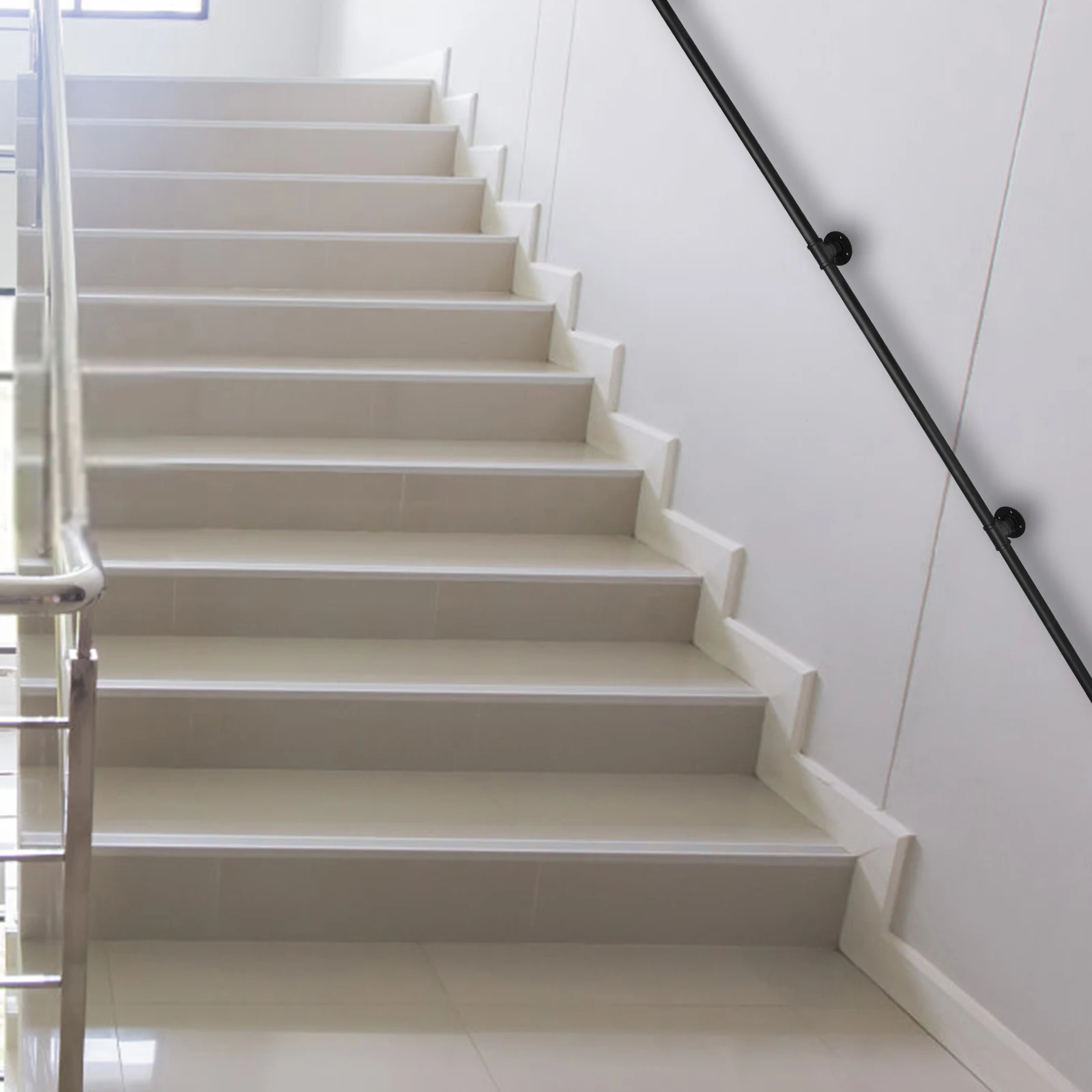 Wall-mounted Stair Handrails，3.66m Total Length Galvanized Iron Pipe Metal Stair Railing, Rust and Heat Resistant, Safe Guardian