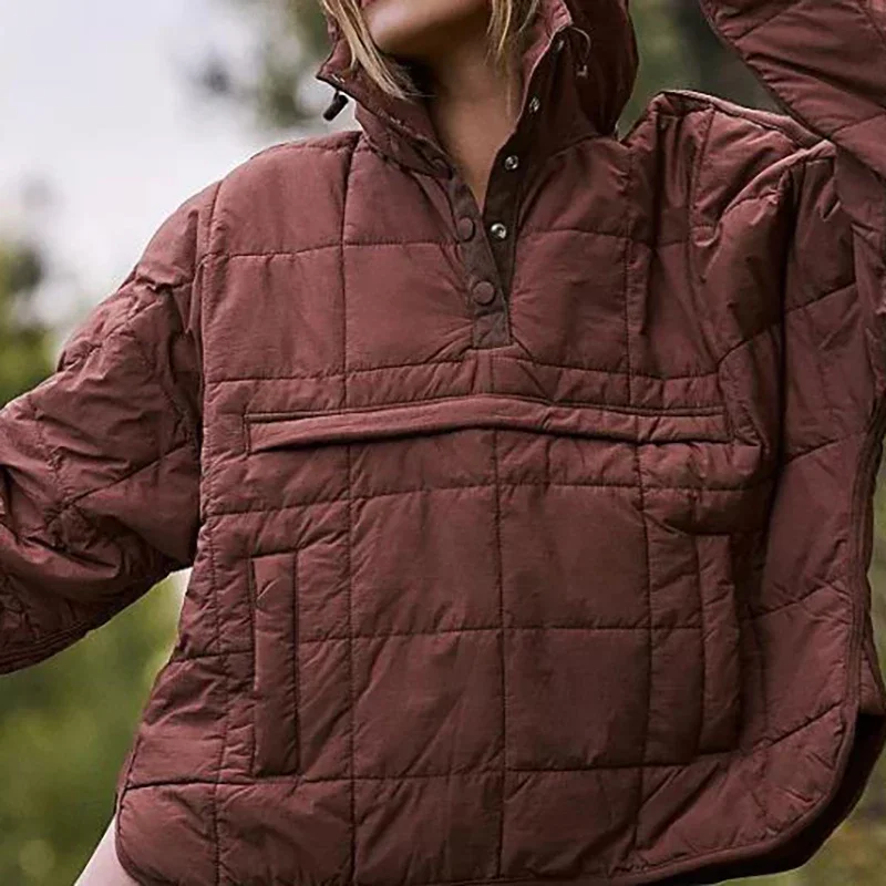 Veste rembourrée de couleur unie pour femmes, automne hiver, poches à la mode, manches longues, pulls à capuche, manteaux décontractés japonais et coréens
