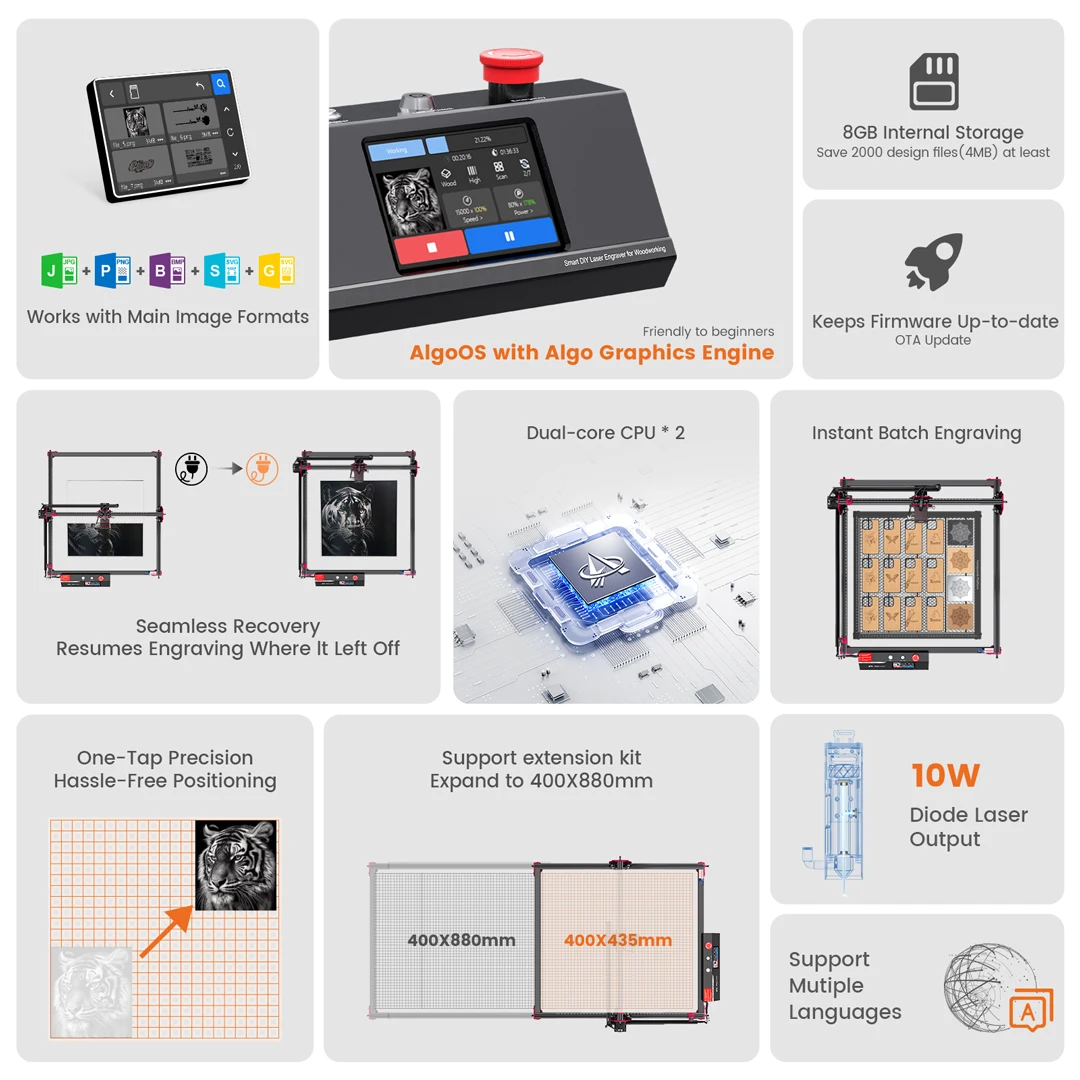 KIT fai da te per incisore laser AlgoLaser MK2 10000 mW, taglierina laser con touch screen da 3,5" e strumento per incisione laser ad alta precisione AlgoOS