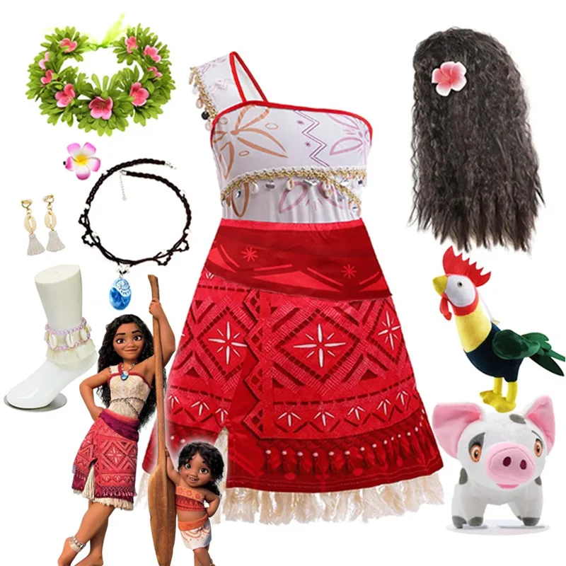 Disney Moana 2 Princess Dress Girls Single Shoulder Sling Tassels Cosplay Vaiana Costume Kid Carnival Birthday Party Clothes Set