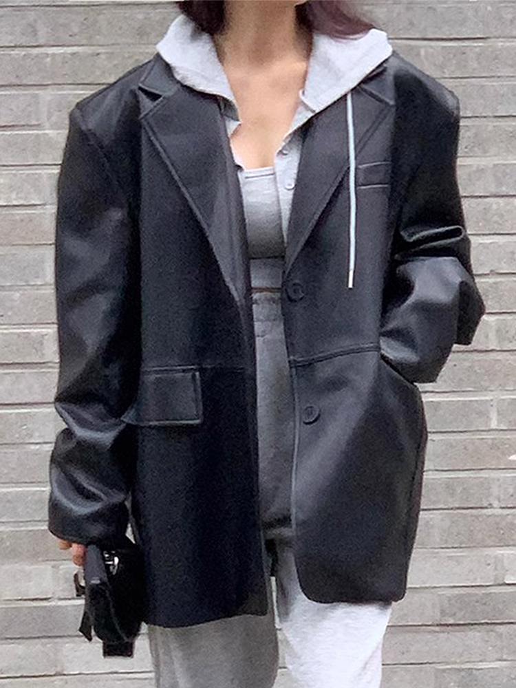 シックな秋冬ヴィンテージレジャー長袖 Pu レザージャケット女性の 2 ボタンスーツの襟アウターカジュアル多用途