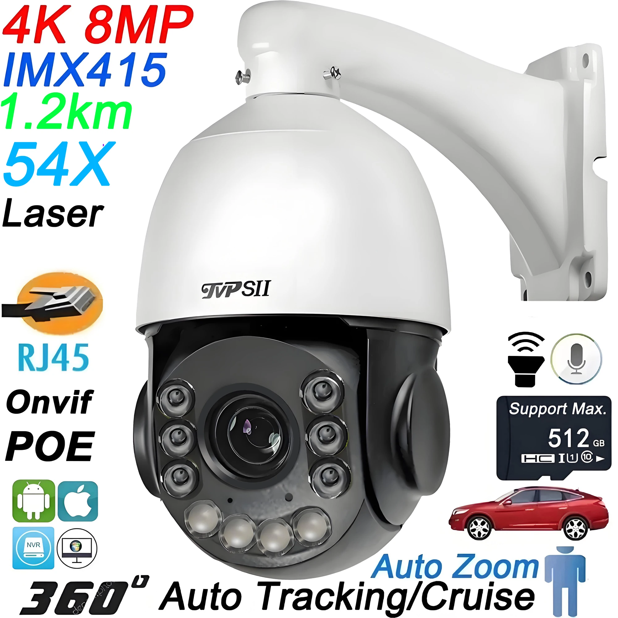 Laser Infrarot Max.512G Auto Tracking 8 MP 4K 54X optischer Zoom 360 °   Audio Outdoor ONVIF POE PTZ IP-Überwachungs-Speed-Doom-Kamera