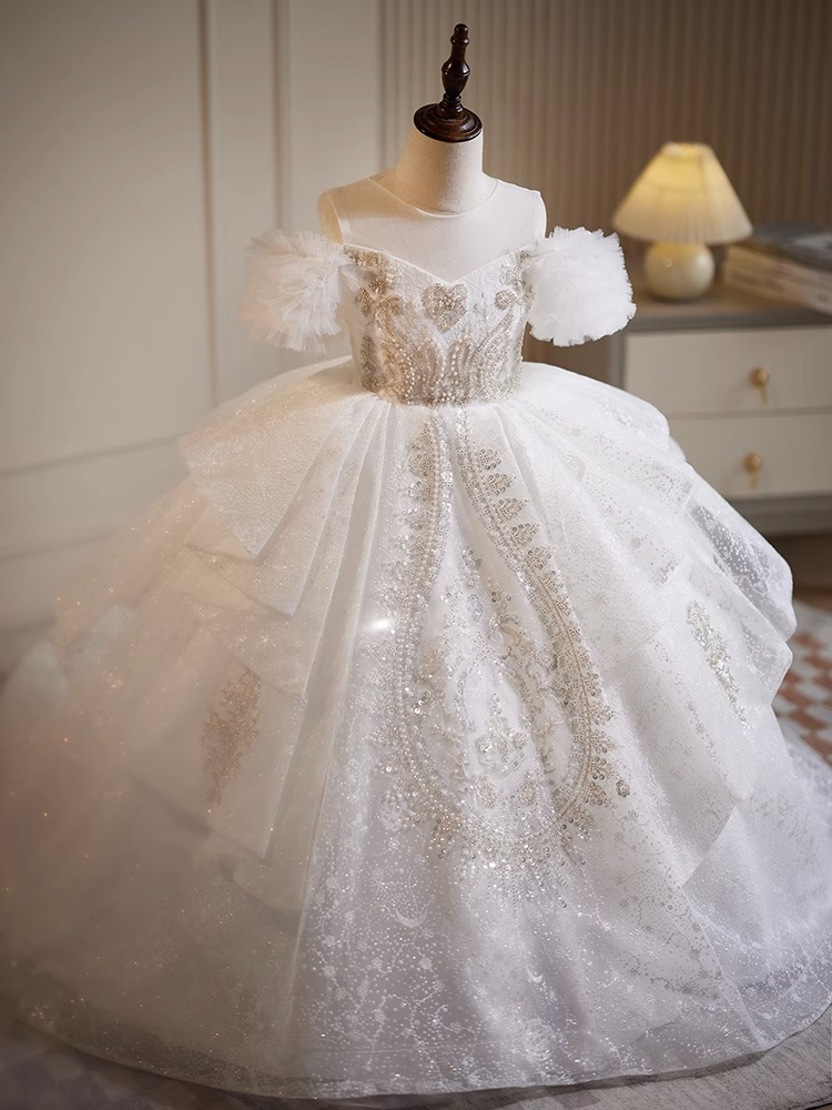 Robe de princesse en dentelle perlée pour enfants, robe de Rhde luxe, fleur de mariage blanche, robe de soirée de Noël pour filles, Off Initiated Trailing