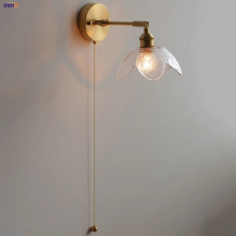 IWHD lampu dinding LED putar ke bawah, lampu dinding kaca bening tembaga, saklar rantai tarik Modern Nordic untuk ruang tamu Bar, ruang makan