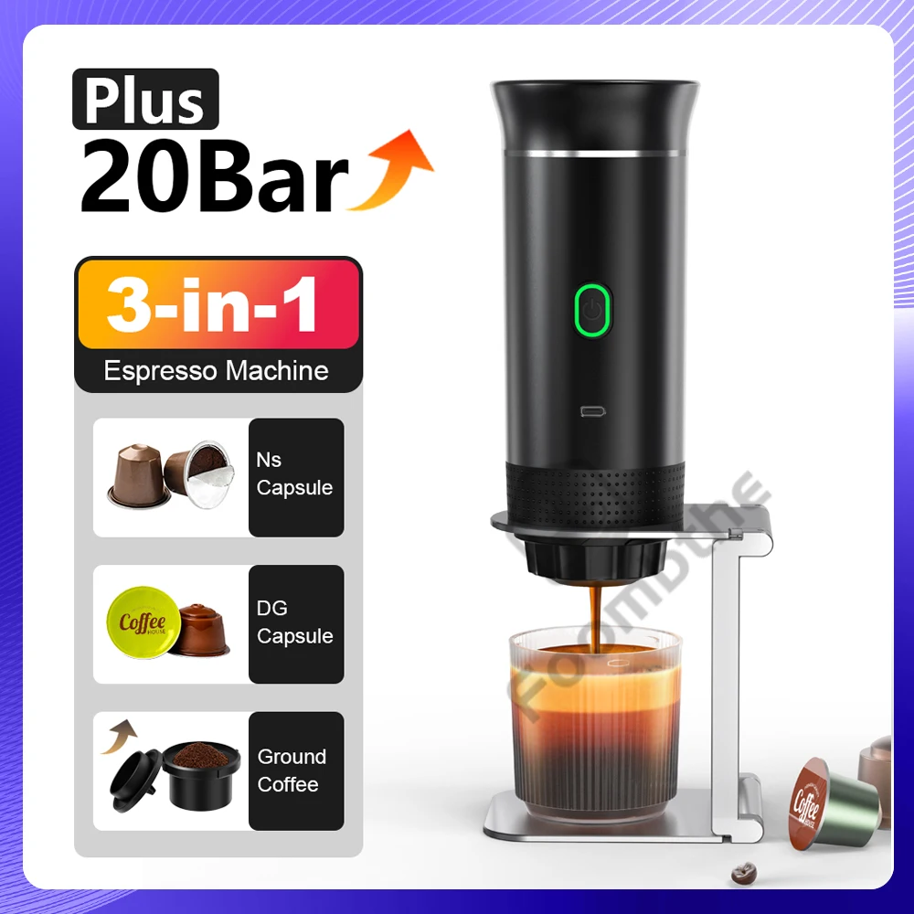 Cafetera Espresso portátil eléctrica inalámbrica para coche y hogar, cafetera para acampar, cafetera de viaje en polvo con cápsula 3 en 1