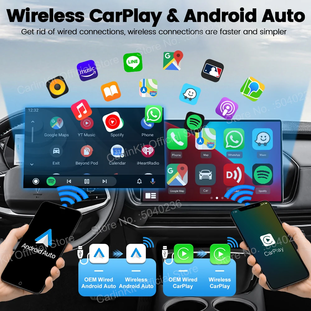 Carlinkit-カーラジオ,Android,ワイヤレス,自動ウェーブ,音楽,Spotify,ゴルフ,プジョー,マツダ,起亜,メルセデスmg,carlinkit 5.0,carlinkit 4.0