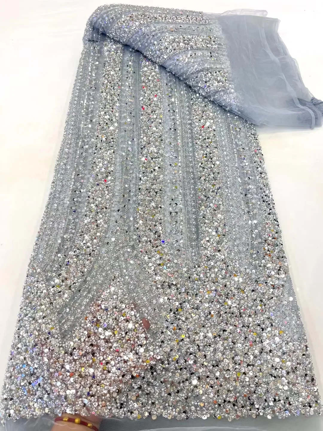 アフリカンビーズレース生地,チュール刺繍生地,女性用イブニングドレス,メッシュスパンコール,ドバイ,5ヤード