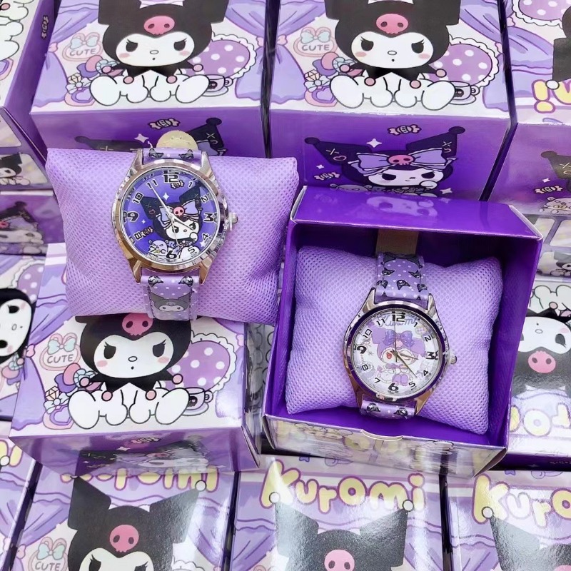 Kawaii Hello Kitty Kuromi Sanrio Pu หนังนาฬิกาดิจิตอลอบเชยม้วนอะนิเมะการ์ตูนนาฬิกาของขวัญเด็กของขวัญกล่อง