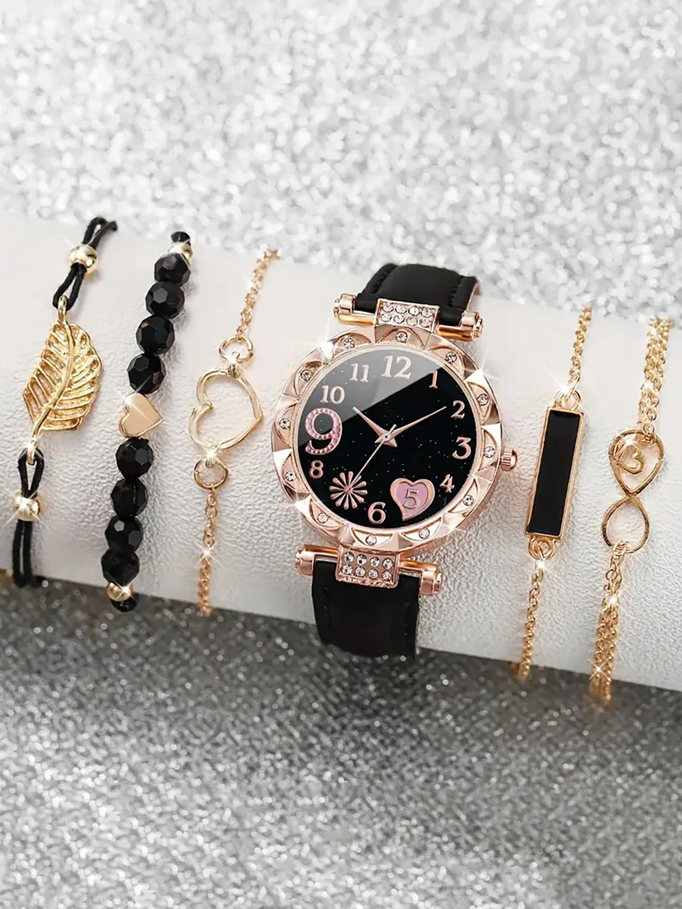 Reloj de cuarzo a la moda para mujer, reloj de pulsera analógico con banda de cuero rosa de lujo, conjunto de pulsera de vestir para mujer, 6 uds.
