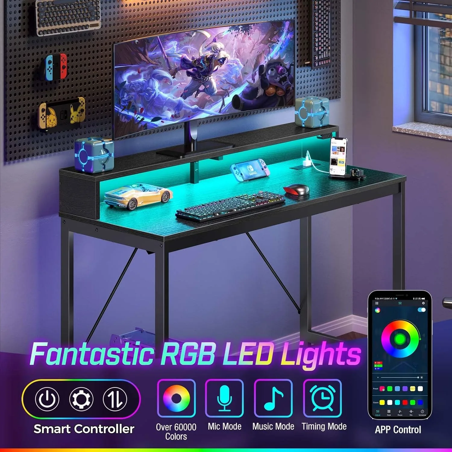 Computer Desk 47 inch with LED Lights & Power Outlets, Home Office Desk with Monitor Shelf, Gaming Desk, Writing Desk
