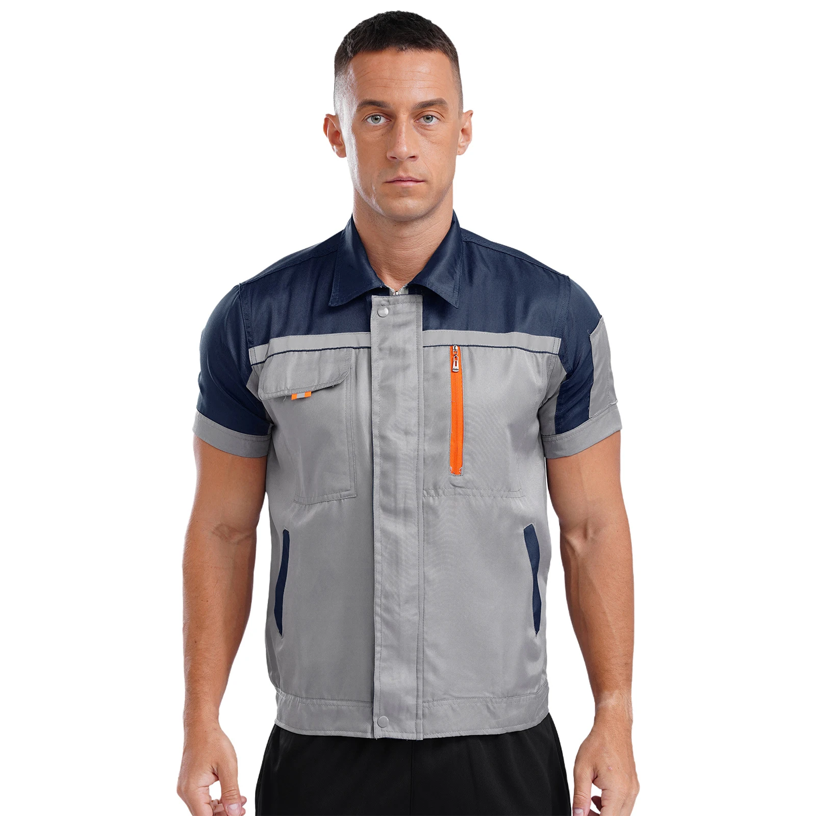 Herren Fabrik Werkstatt Arbeitswerkstatt Mechaniker Uniform Jacke Tops mit Taschen Kurzarm Reißverschluss Oberbekleidung Hemd Tops Arbeitskleidung
