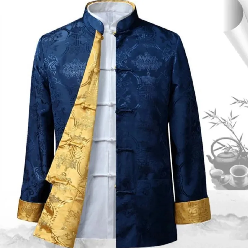Heißer Verkauf Männer Chinesischen Stil Satin Seide Tang Anzug Jacke Doppelseitigen Langarm Kung Fu Mantel Hanfu Kleidung Jacken Größe S-3XL
